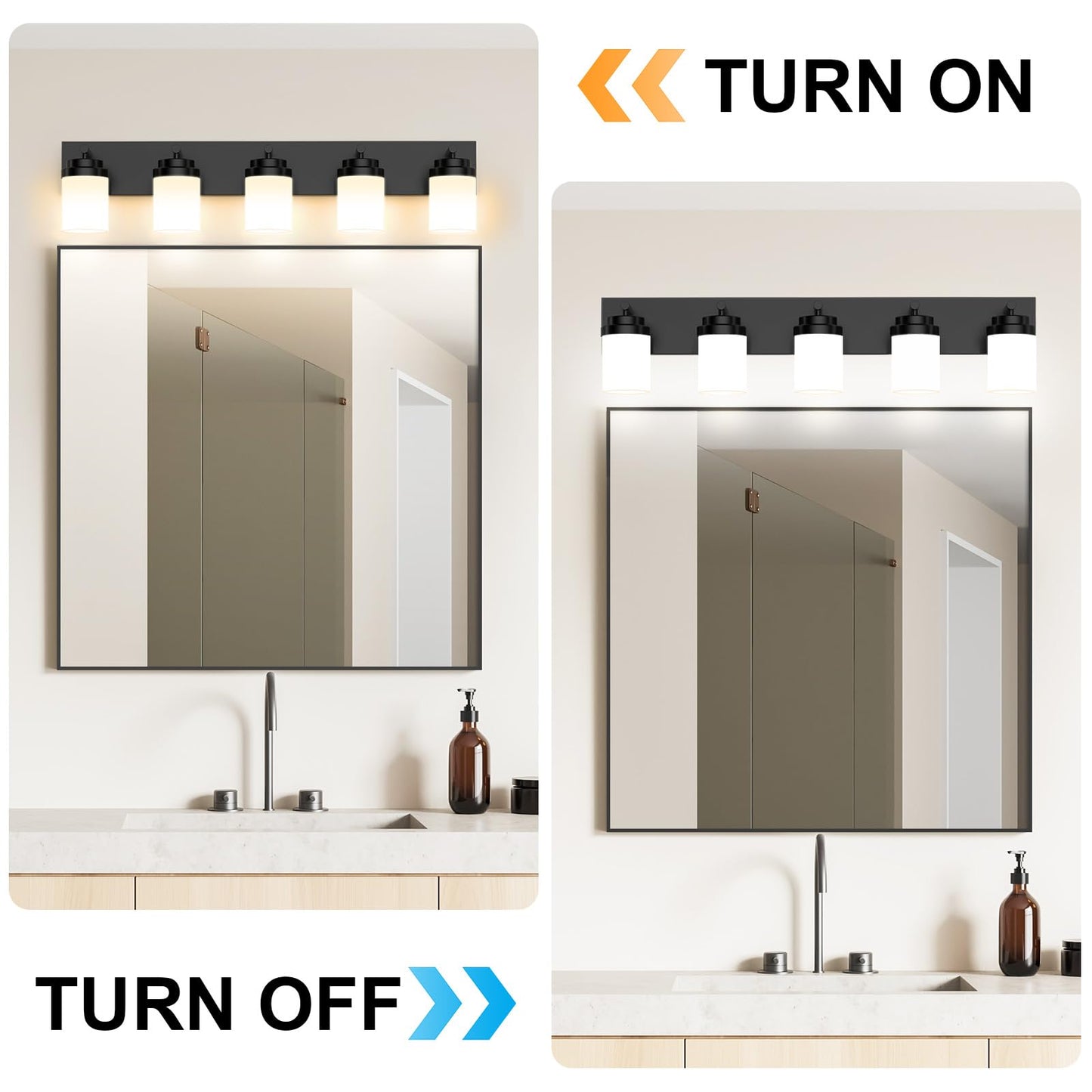Izorro Bathroom Vanity Light Fixture  5-Light 36 Inch Matte Black Bathroom Light Fixtures Over Mirror  With White Glass Shade  Modern Farmhouse Vanity Lights  Rustic Restroom Lighting Fixtures