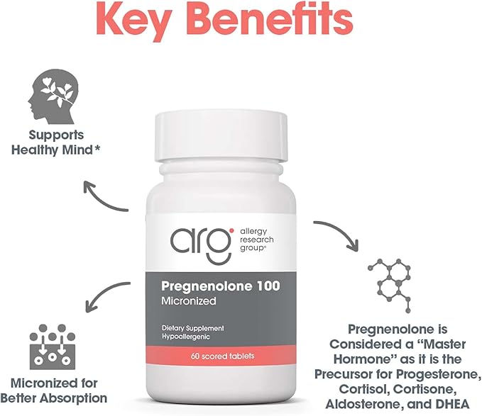 Allergy Research Group Pregnenolone Supplement - Progesterone Supplements, Hormone & Stress Support, Made from Non-GMO Wild Yam, Micronized Lipid Matrix, Plant-Sourced, 100mg Scored Tablets - 60 Count