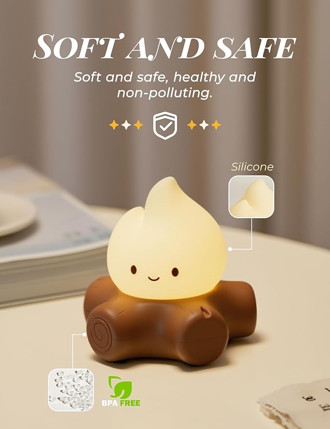 Chibi Campfire Lamp, Cute Flickering Flame Night Light, Soothing Nature White Noise, Rechargeable Cozy Campfire Light for Home Decor Camping Trips, Best Gifts