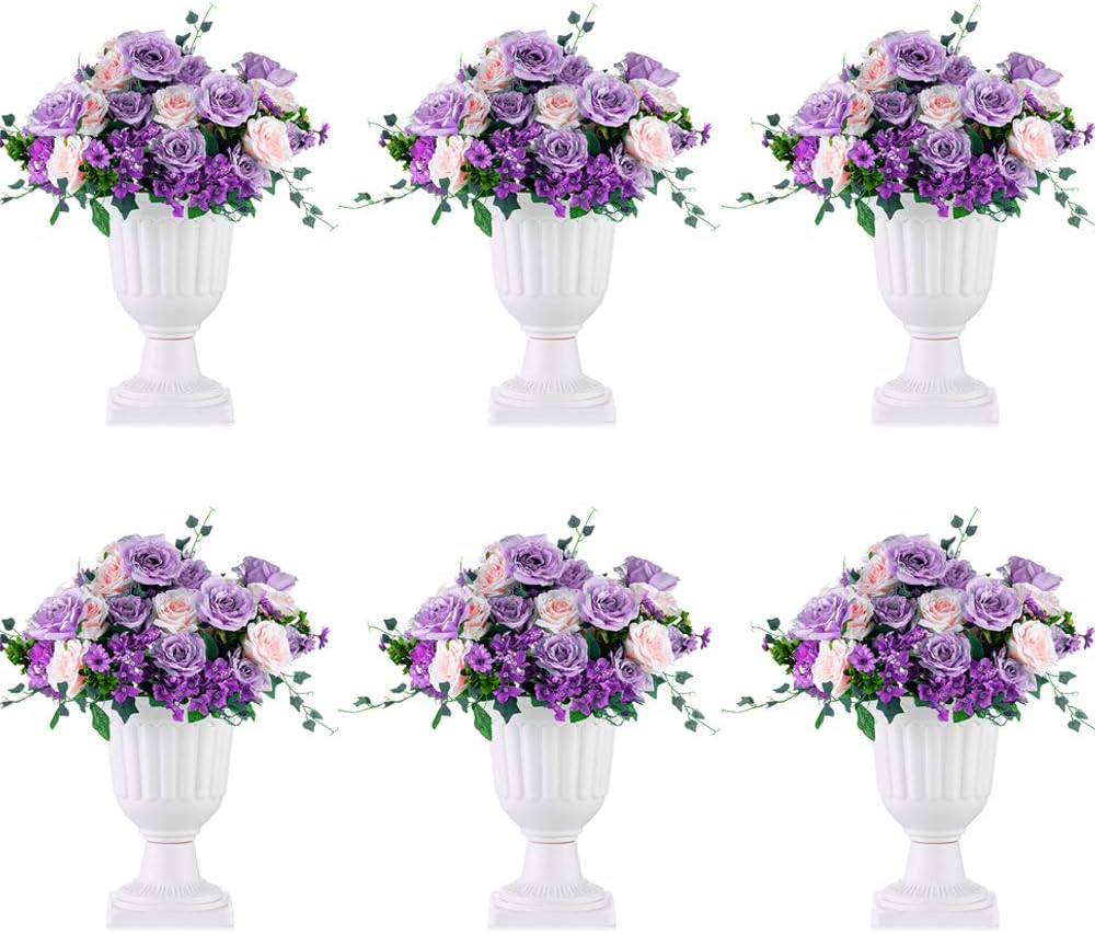NUPTIO 6 Pcs Classic Urn Planter, 13.98 inch Tall Large Plastic Outdoor Urns Planters, Pedestal Flower vases Plant Pot, Resin Grecian Plants Pots for Garden Porch Front Door, White