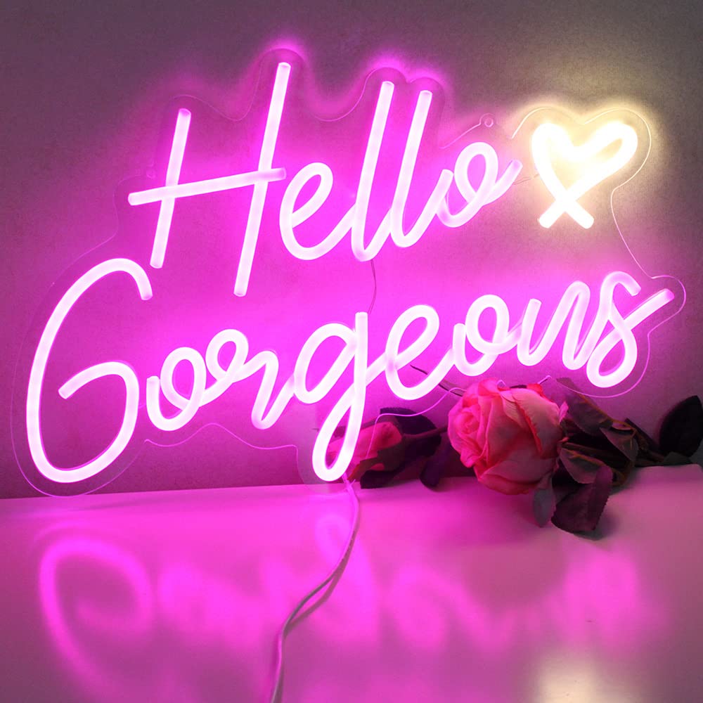 DAKABUKA Neon Sign, Hello Gorgeous Pink LED Light, Dimmable, 16.5x10.6 inches, Acrylic