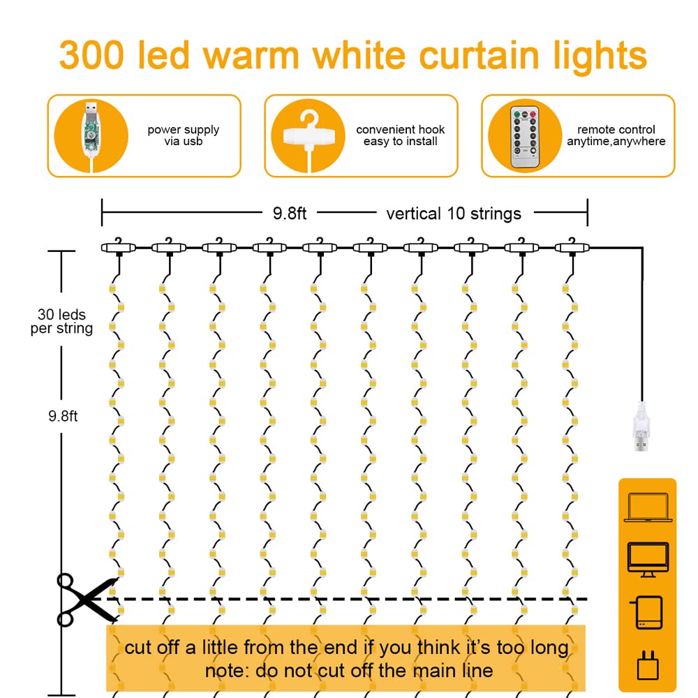 Vicloon Fairy Curtain Lights, 300 LED, 9.8x9.8Ft, Waterproof, USB Powered, Remote Control, White