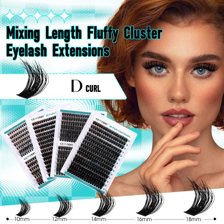 GEMERRY Lash Extension Kit Lash Clusters Kit 3D Effect DIY Lash Extension Kit with 280Pcs Fluffy Eyelash Clusters, Lash Bond and