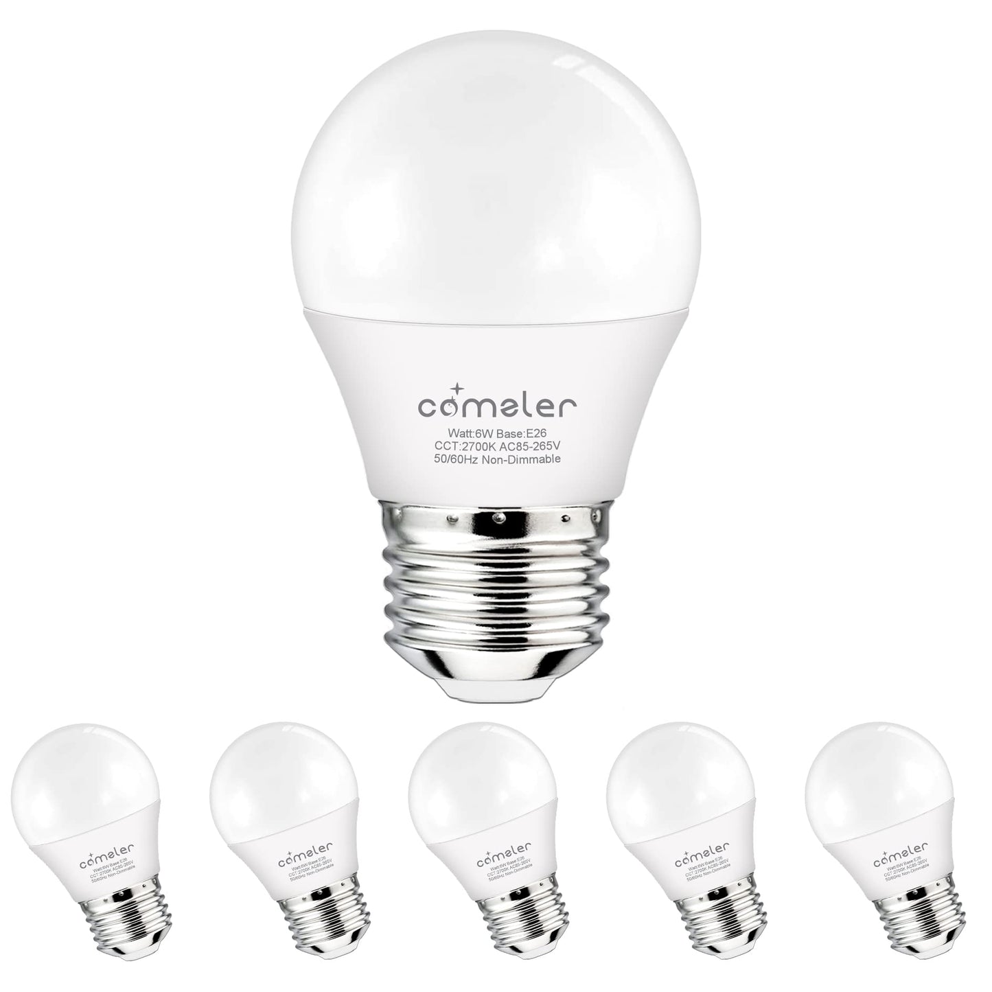 comzler Small Light Bulb 6 Watts Warm White Light 2700K, 60 Watts Globe Light Bulb Equivalent, E26 Standard Screw Base A15/G45 Shape LED Appliance Bulb Refrigerator 6-Pack
