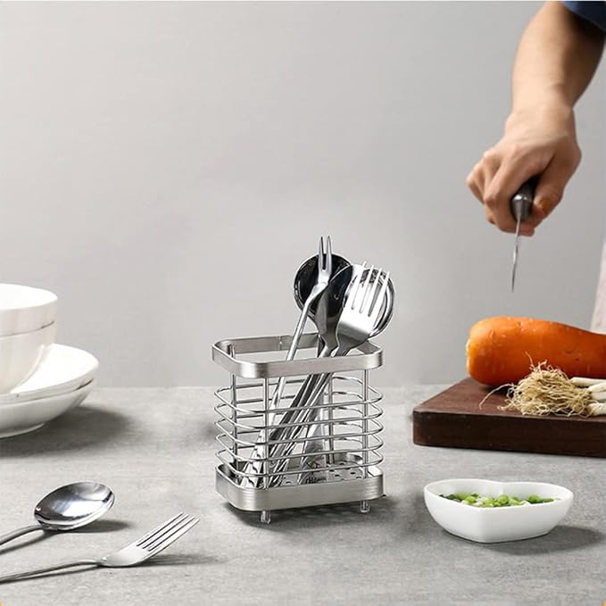 Utensil Holder, Stainless Steel Sink Utensil Holder Countertop, Kitchen Utensil Drying Caddy, Cutlery Drainer for Utensil, Rust-Proof Cutlery Utensil Organizer (Silver)