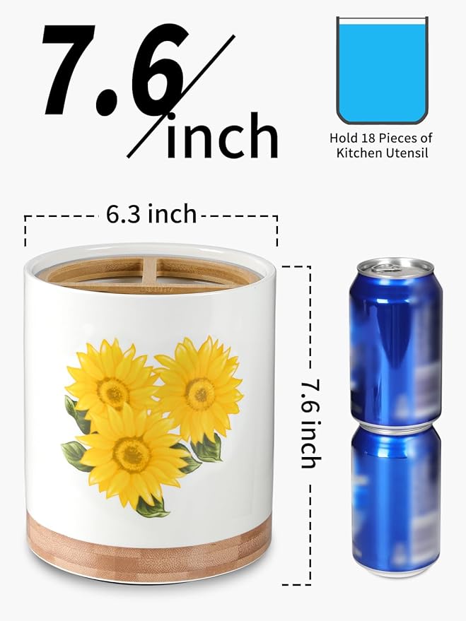HAPPY KIT 7.6″ Extra Large Kitchen Utensil Holder, 360° Rotating Utensil Holder for Kitchen Counter with 3 Removable Compartment, Housewarming Gift & Farmhouse Decor(Sunflower)