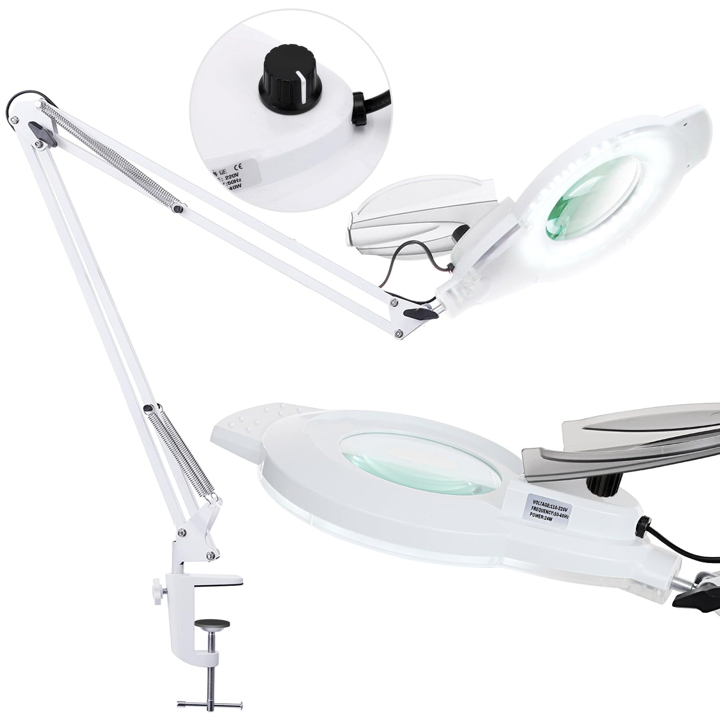 NUEYiO 10X Magnifying Glass with Light, 2200 Lumens, Stepless Dimmable, Adjustable Metal Swing Arm, White, Model NU-JDK-B