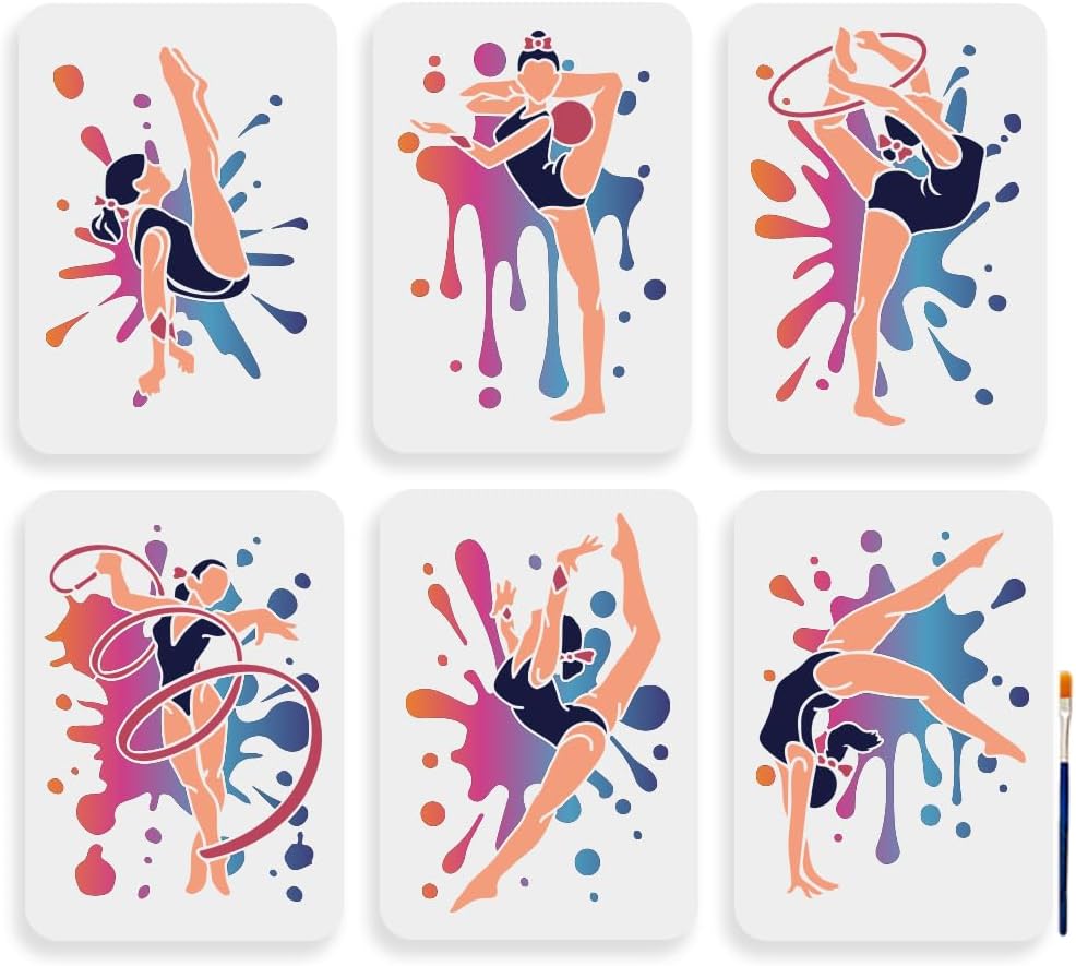 MAYJOYDIY 6pcs A4 Splash Gymnastics Stencil 11.7×8.3inch Large Artistic Gymnastics Posture Stencils with Paint Brush Reusable Lady Gymnastics Sport Template for Furniture Windows Wood Wall Tile Canvas