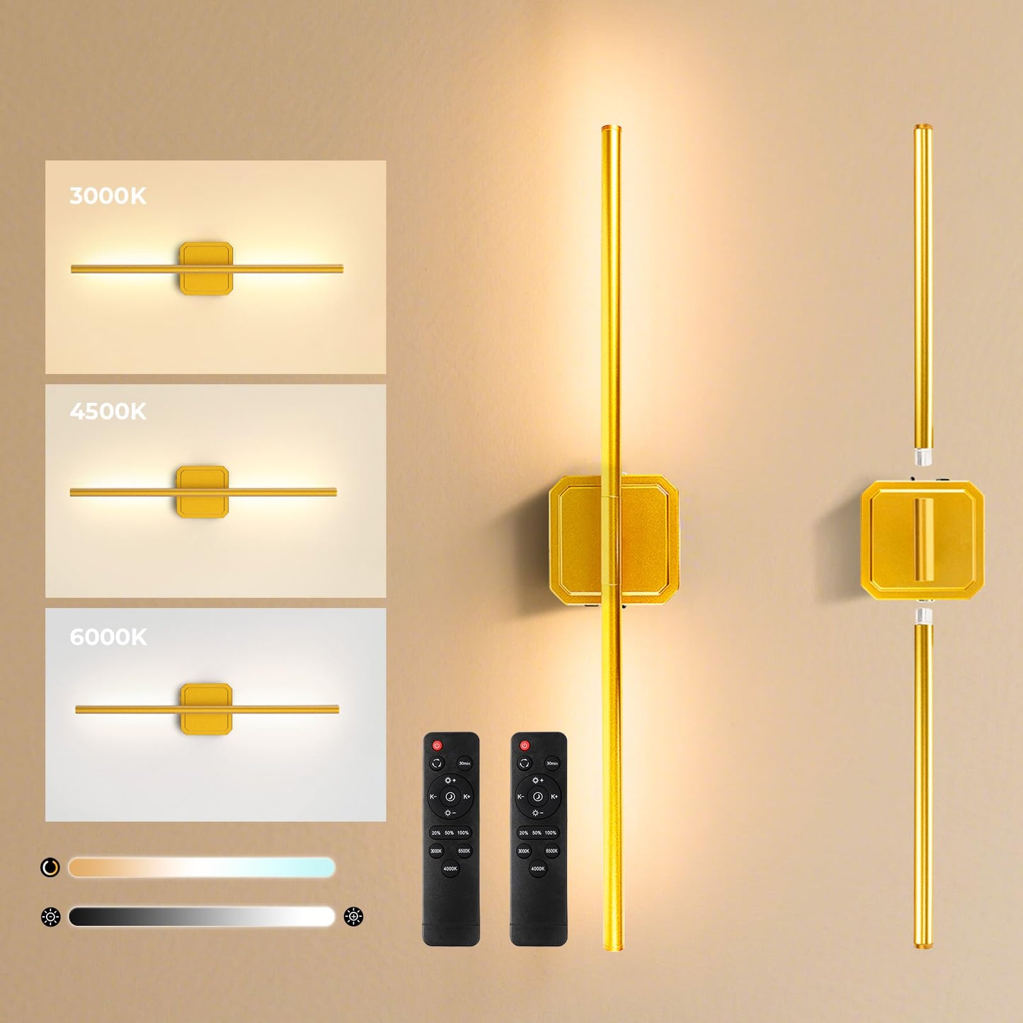 GvvooHome Battery Operated Wall Sconces Set of 2, 360° Rotate, Dimmable, Rechargeable, 28in Gold, Model HCP042