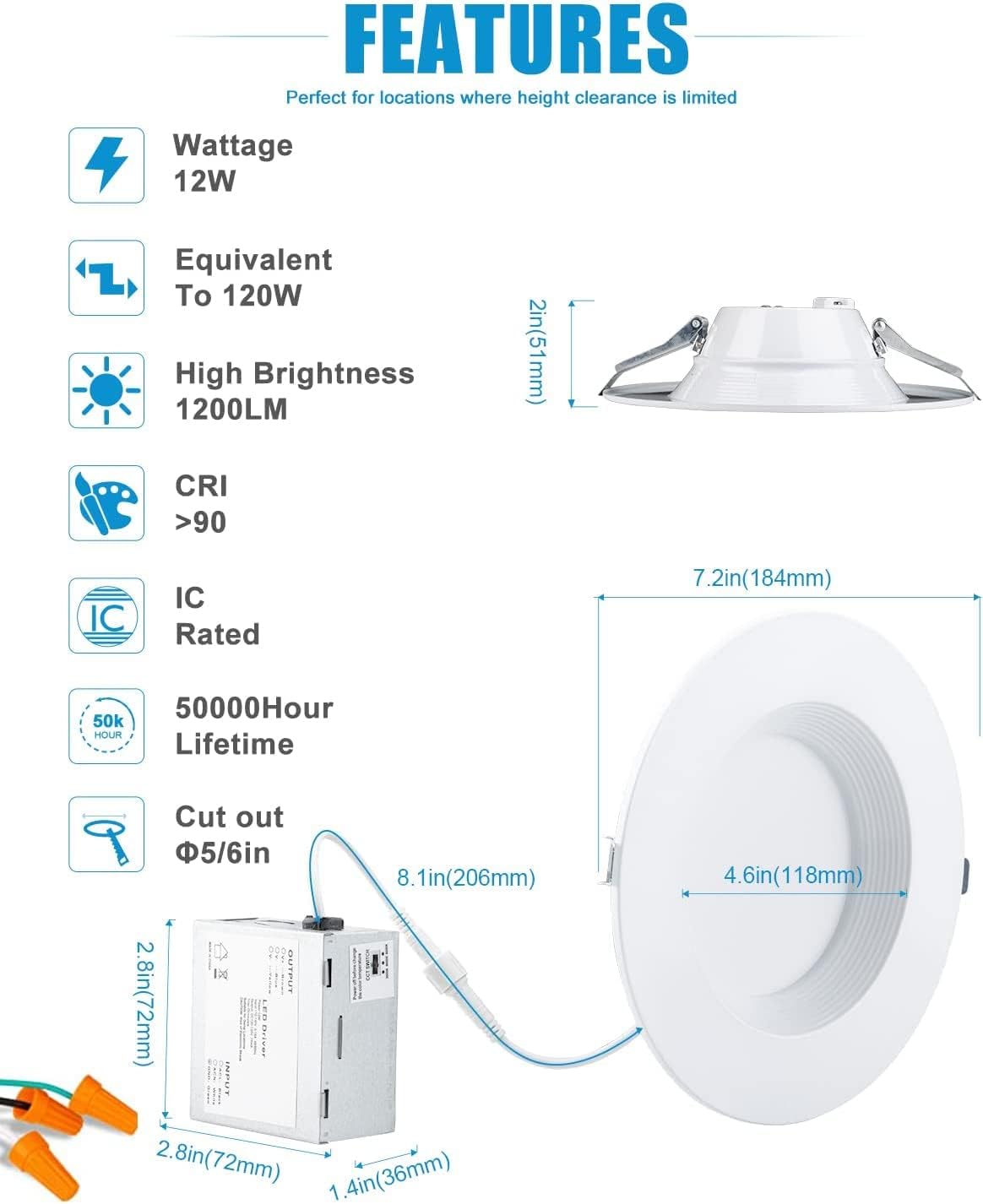 Lightdot 6in LED Recessed Light 12W 1200LM Dimmable IC & Damp Rated 5/6 Inch Downlight 3000K/4000K/500