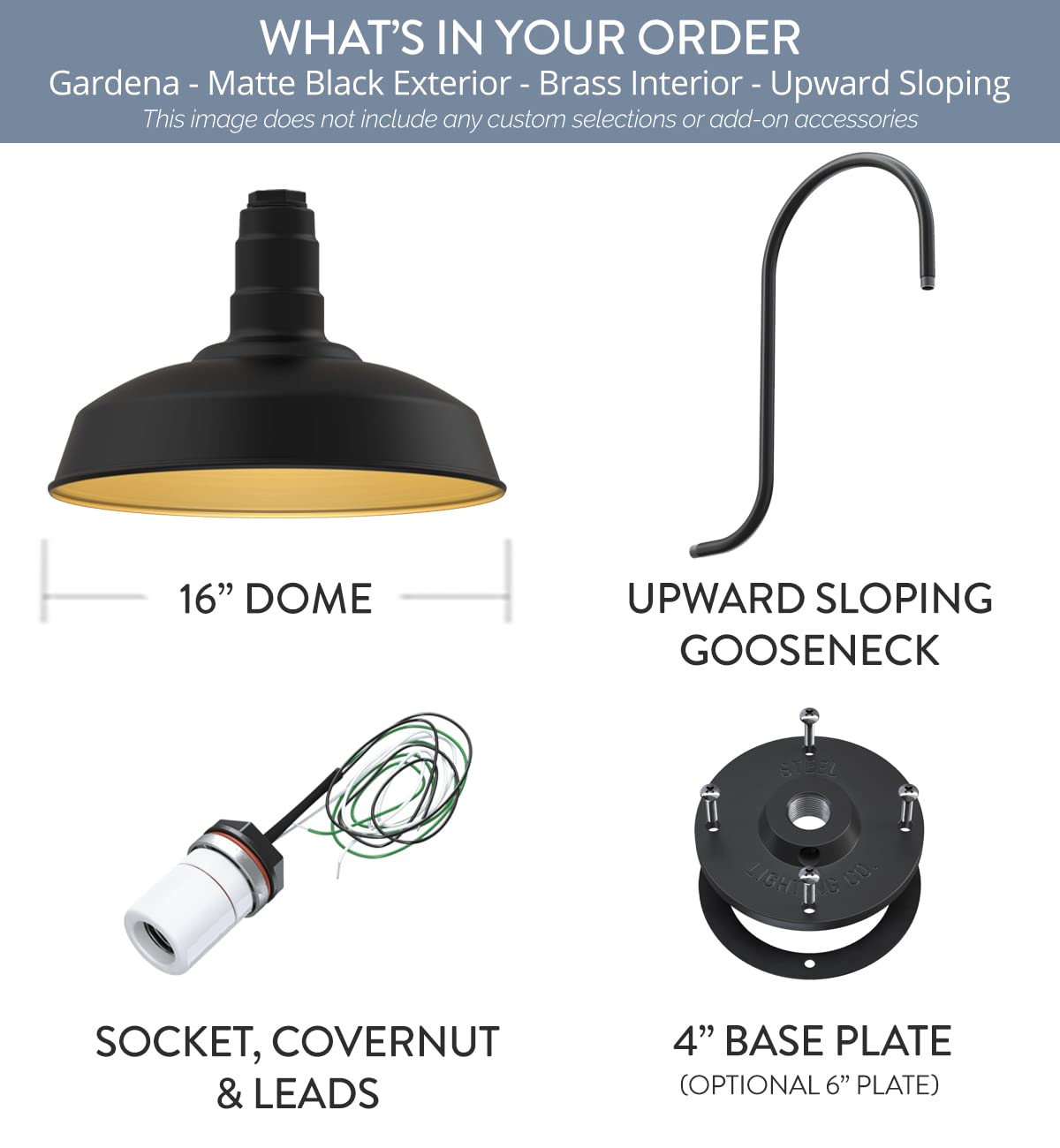 Steel Lighting Co. Gardena Barn Light - 16 Upslope Gooseneck, Matte Black & Brass, Outdoor Wall Mounted Farmhouse Style