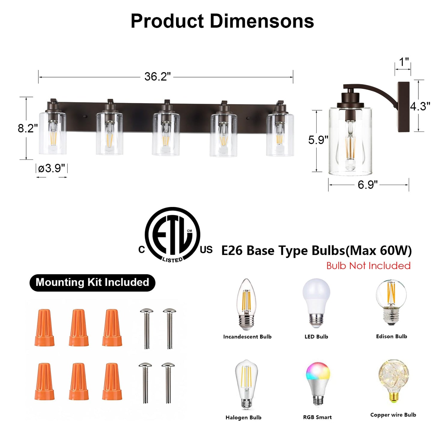 Alaislyc 5-Light Bathroom Light Fixtures Modern Orb Vanity Lights For Bathroom Lighting Fixtures Over Mirror With Clear Glass Shade For Cabinet Mirror Bedroom Hallway