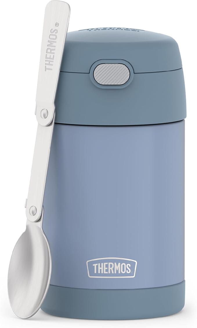 THERMOS FUNTAINER Insulated Food Jar, 16 Ounce, Kid Friendly Food Jar with Foldable Spoon, Denim Blue