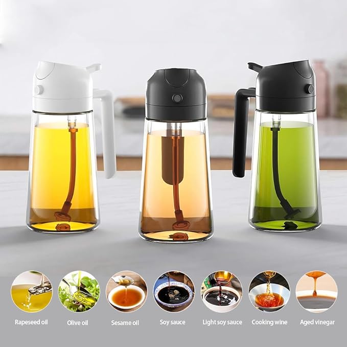 Oil Spray Bottle, 2 in 1 Oil Dispenser and Oil Sprayer, 16 oz Premium Glass Oil Sprayer for Cooking, Food Grade Oil Spray Bottle for Air Fryer, Salad, BBQ