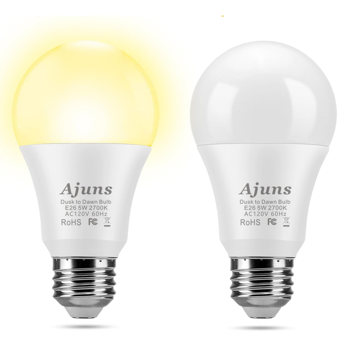Ajuns Dusk To Dawn Led Light Bulb, 5W E26, 2700K Warm White, 2-Pack, Automatic On/Off, Ideal For Porch & Garage Lighting