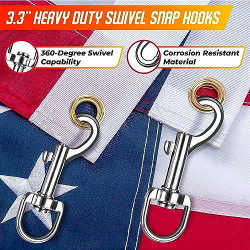 [Upgraded] 5/16” 100Ft Flagpole Rope Kit with 4 Pcs 3.3” Swivel Snap Hook - High Weight Bearing Anti-Tearing Utility Rope ...