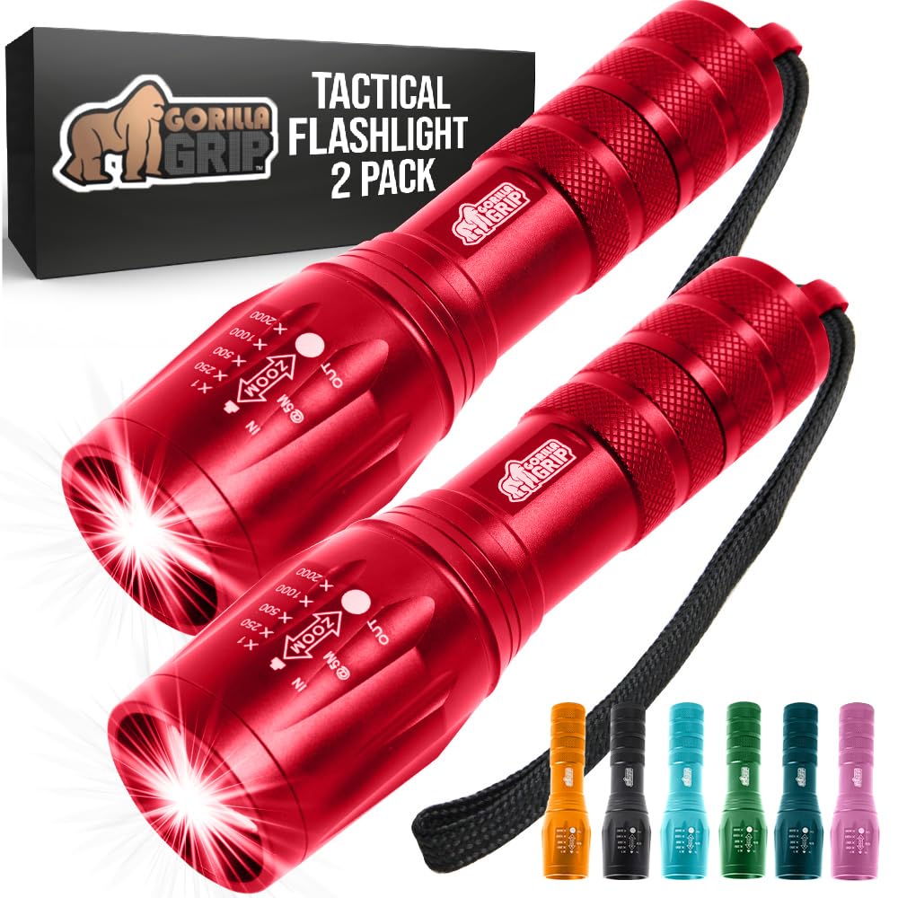 Gorilla Grip LED Tactical Handheld Flashlight, 750 FT Zoom, 5 Modes, Water Resistant, Metal, Red, Model 840029684887