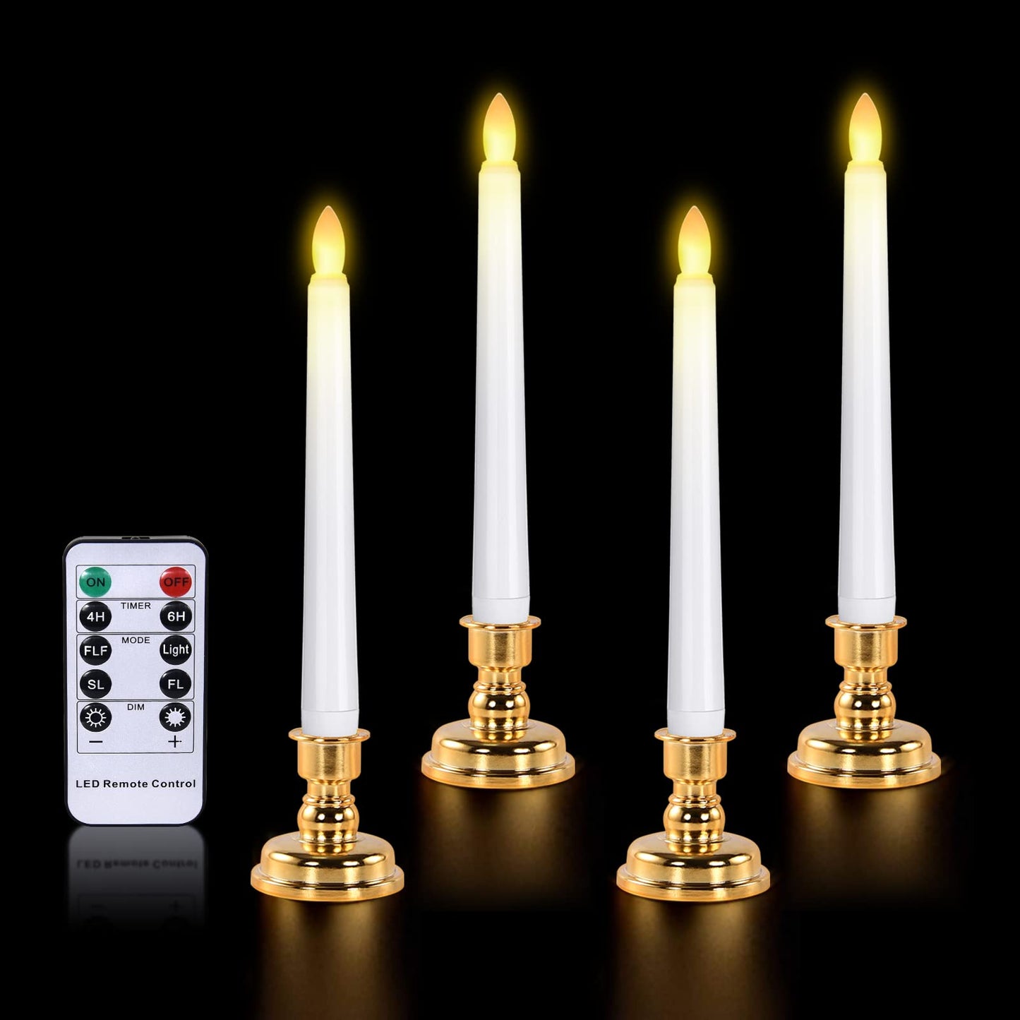 JOSU LED Window Candles, Christmas Flameless Window Candle Lights with Timer Battery Operated, 4 3D Wick Light Candle+4 Removable Gold Candleholders+Remote, for Decor &Festival Celebration