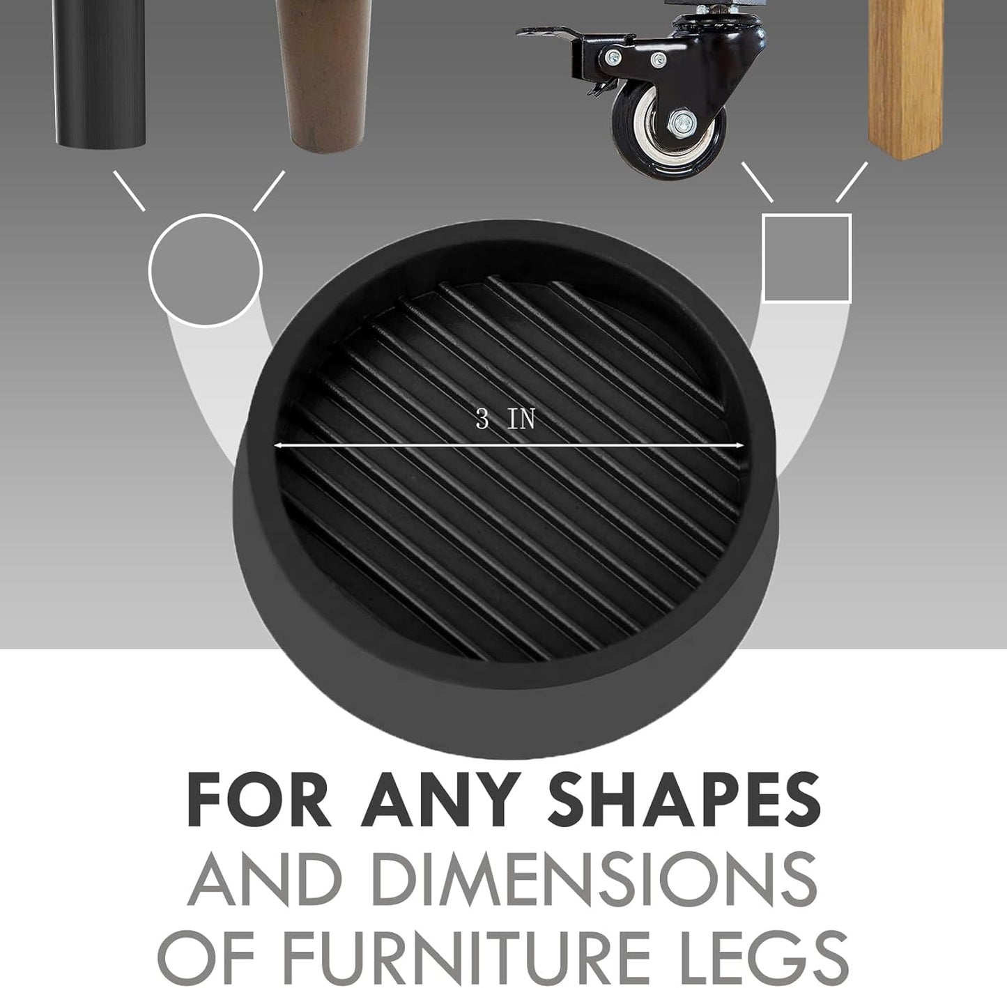 3X3 Round Rubber Caster Cups, Non Slip Furniture Pads, Anti-Slip Gripper, Anti Skid Furniture Feet, Anti Slide Floor Protector for Bed Couch Table Chair Stoppers - Black, 4 Pack