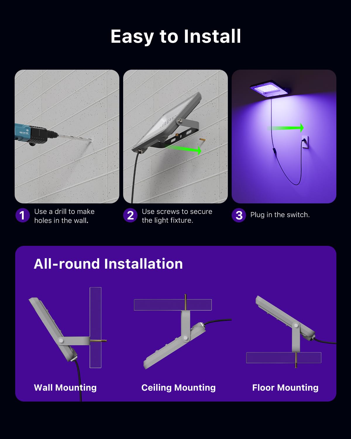 4 Pack 50W Halloween Blacklight Flood Lights Wired 120V Ip66 Waterproof Uv Led Black Lights For Holiday Decor  Skeleton  Bat  Witch  Body discomfort-reducingt  Glow Party  Purple Ambiance Lighting For Wall  Yard