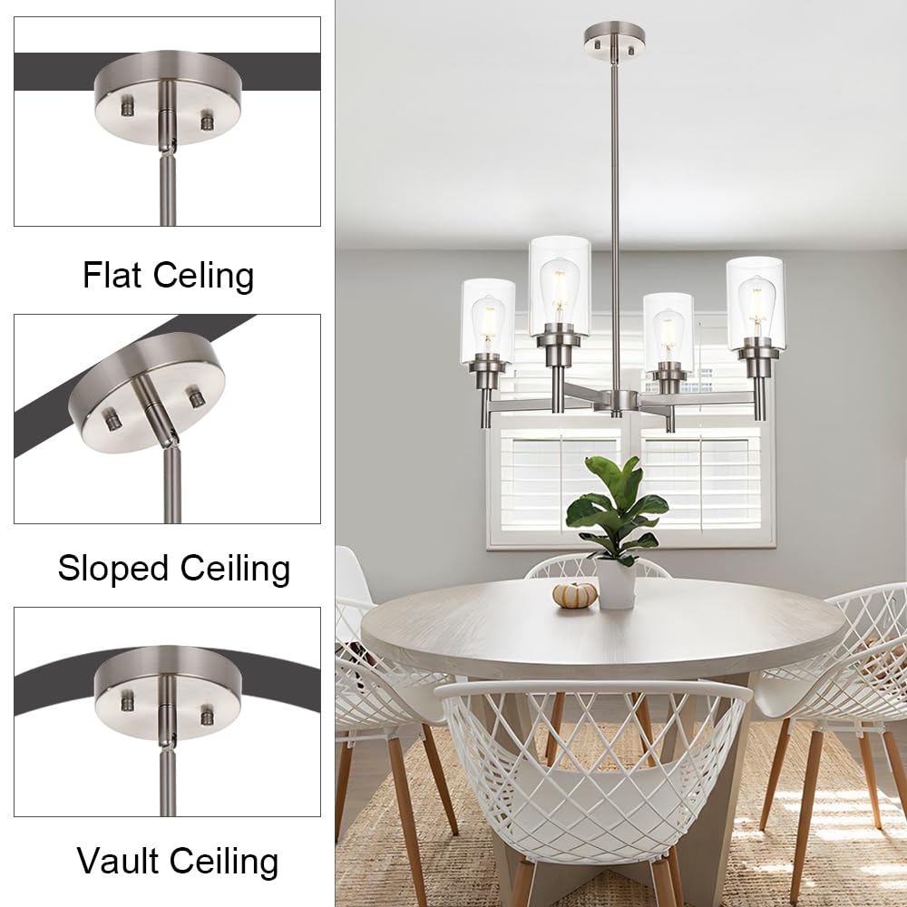 VINLUZ 4 Light Modern Chandelier Pendant Lighting Brushed Nickel Clear Glass Shades for Dining Room Kitchen Living Room Model 210-4SN