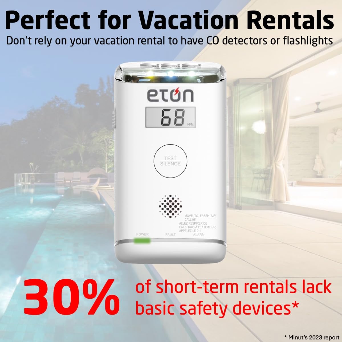 Eton 10-Year Carbon Monoxide Detector, Digital Display, LED Status Indicator, Emergency LED Flashlight, Plug-in with Battery Backup, Energizer Batteries