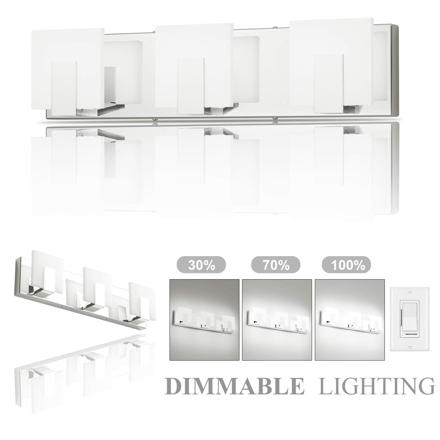 Aipsun 3-Light Dimmable Led Vanity Light, Frosted White Acrylic & Chrome, Model Ca-1105-3T-D, 6000K For Bathroom Over Mirror