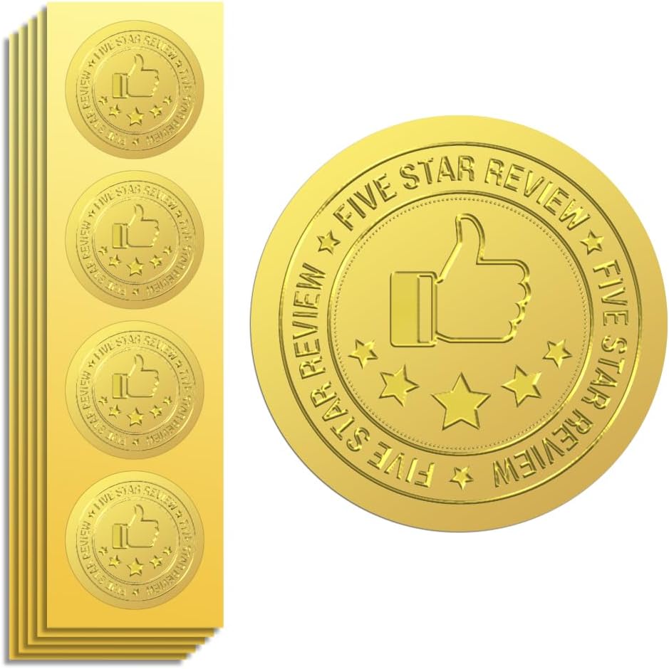 Peacoblue Gold Foil Stickers Seals Official Embossed 2 Inch 100Pcs Five Star, Self Adhesive Gold Around Medal Embossing Sticker for Certificate Paper, Student Reward, Award, Envelope Seal