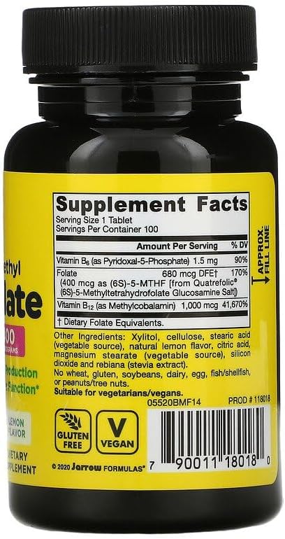 Jarrow Formulas Methyl B-12 & Methyl Folate - 100 Chewable Tablets, Lemon - Pack of 2 - Bioactive Vitamin B12 & B9 - Supports Energy Production, Brain Function & Metabolism - 200 Total Servings