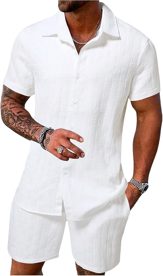 RoseSeek Men's Short Sets 2 Piece Outfits Button Down Linen Shirts and Short Sets Summer Beach Outfis