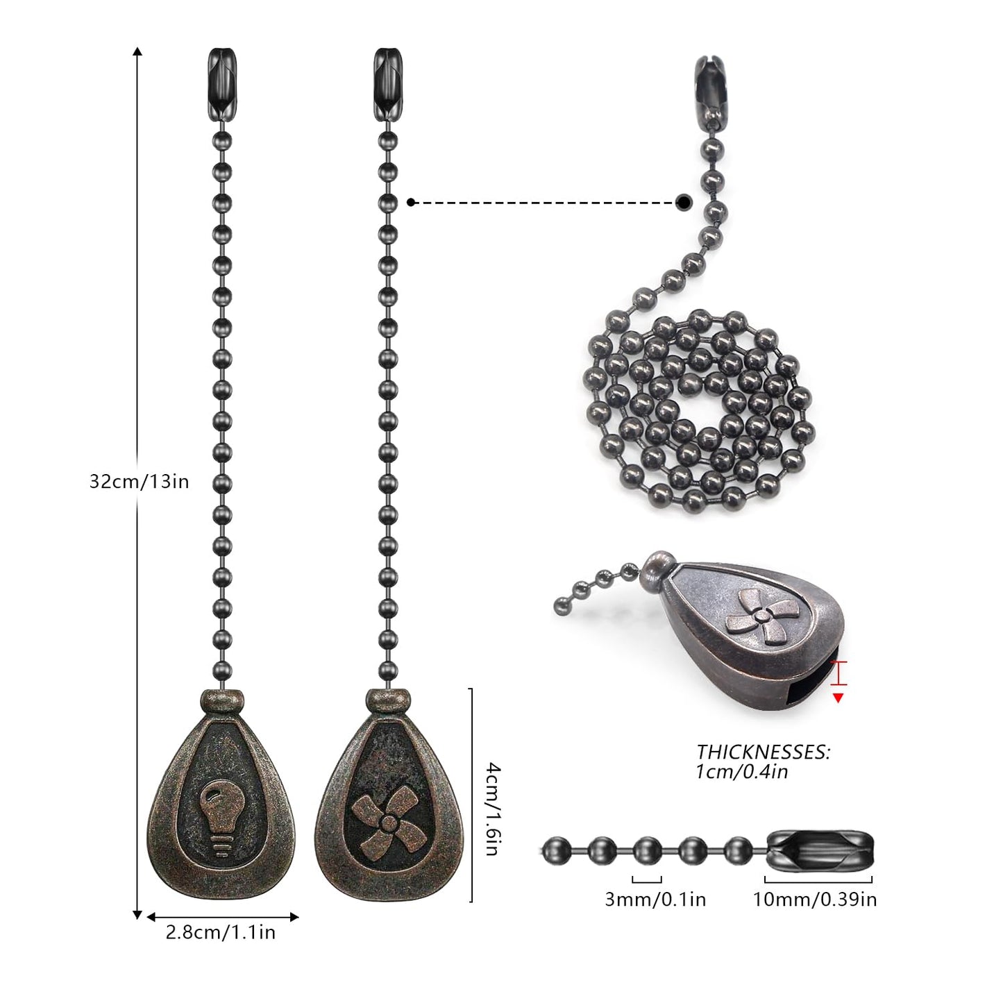 Dotlite Bronze Ceiling Fan Pull Chain Set, Decorative Pull Chain Pendant Extension, 12 Inches Lighting & Fan Beaded Ball Fan Pul