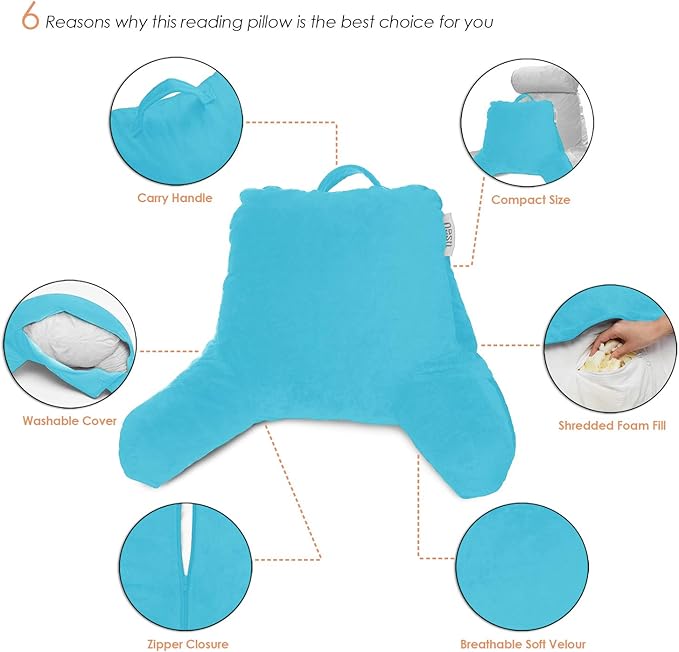 Nestl Reading Pillow for Kids, Small Bed Pillow, Back Pillow for Sitting in Bed, Memory Foam Chair Pillow, Reading & Bed Rest Pillows, Bright Blue Back Pillow for Bed, Arm Pillow with Pockets