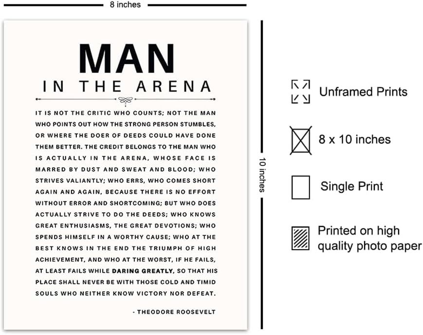 Man in the Arena Quote Poster - 8x10 Motivational Inspirational Teddy Roosevelt Daring Greatly Wall Art Decor - Unique Gift for Men, Boys, Teens, Entrepreneur - For Office, Living Room, Bedroom