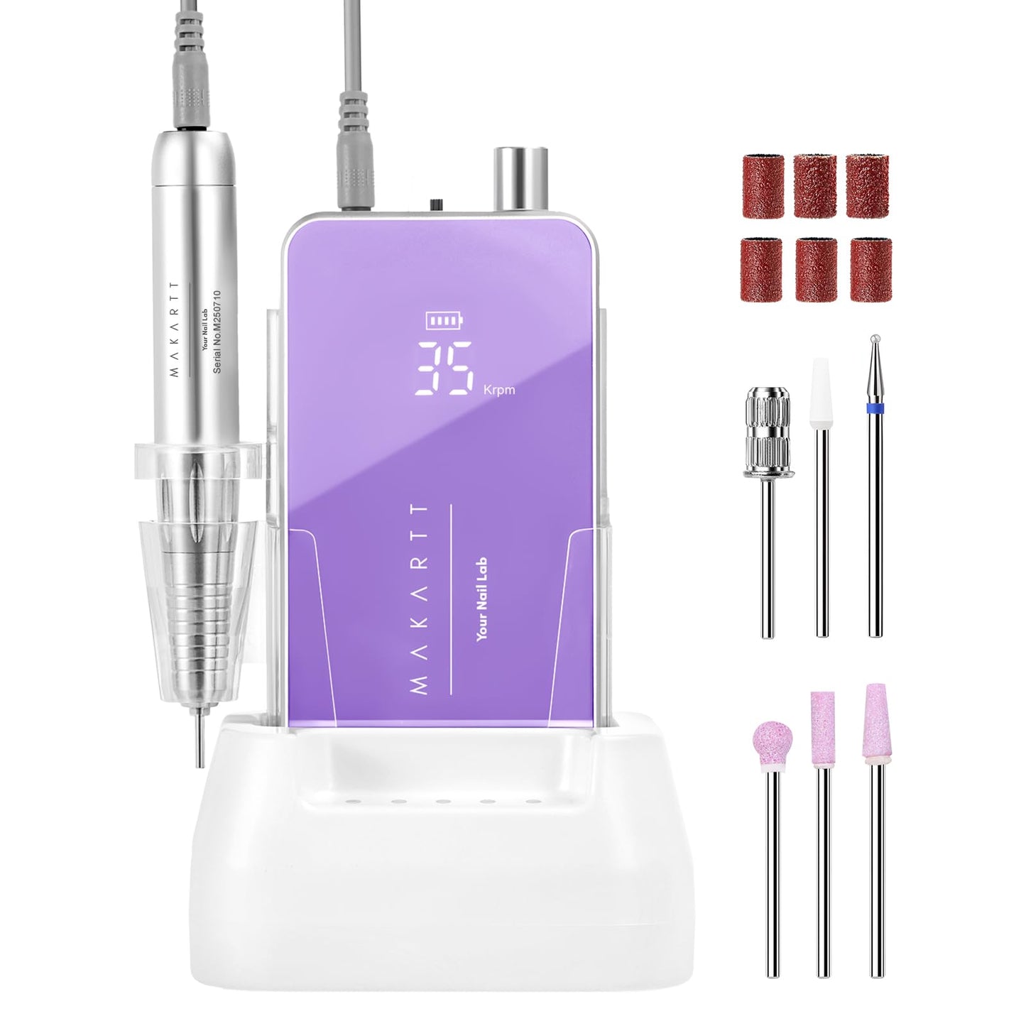 Makartt Professional Nail Drill - 35000RPM Electric Nail File with 60W Coreless Motor, 2 in 1 Desktop & Portable Rechargeable E