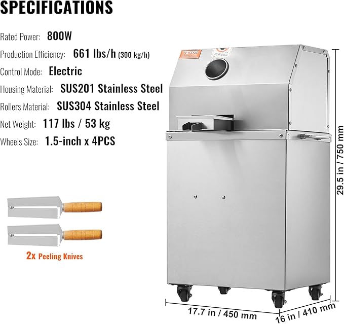 VEVOR Electric Sugar Cane Juicer, 800W Sugarcane Juicer Machine with 661LBS/H High Output, 3 Stainless Steel Rollers, 2.4" Large Inlet, Sugarcane Juice Extractor Squeezer on Wheels for Home/Commercial