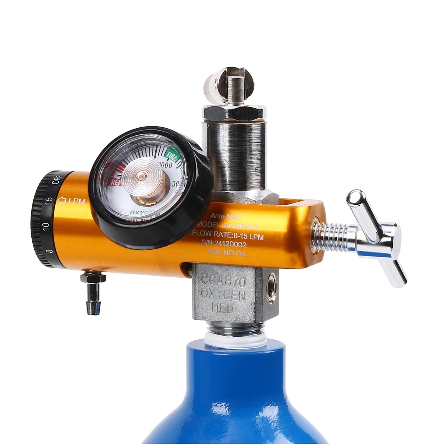 AnteMed Oxygen Regulator for Oxygen Tank CGA-870, Mini O2 Regulator with Gauge, 0-15 LPM Adjustable Flow, Portable Oxygen Tank Regulator