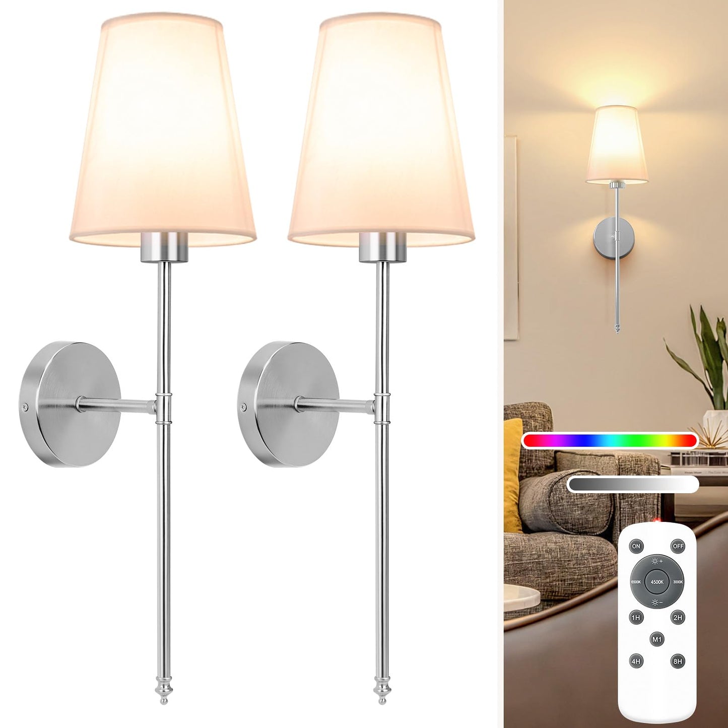 NIORSUN Wall Sconce Set of 2, 25.4 inch Brushed Nickel, Metal, Rechargeable, Dimmable Bulbs, Remote Control, Model SW039