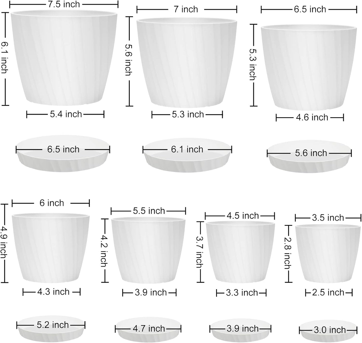 7 pcs Plant Pots with Drainage Holes and Saucers, Indoor Planters, Set of 7 (7.5, 7, 6.5, 6, 5.5, 4.5, 3.5 Inches), White
