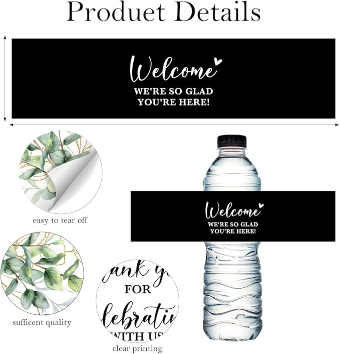 100PCS Wedding Water Bottle Labels Waterproof Greenery Floral Wraps Sticker for Water Bottle Baby Shower Bottle Label for Bridal Shower Party（Black1）