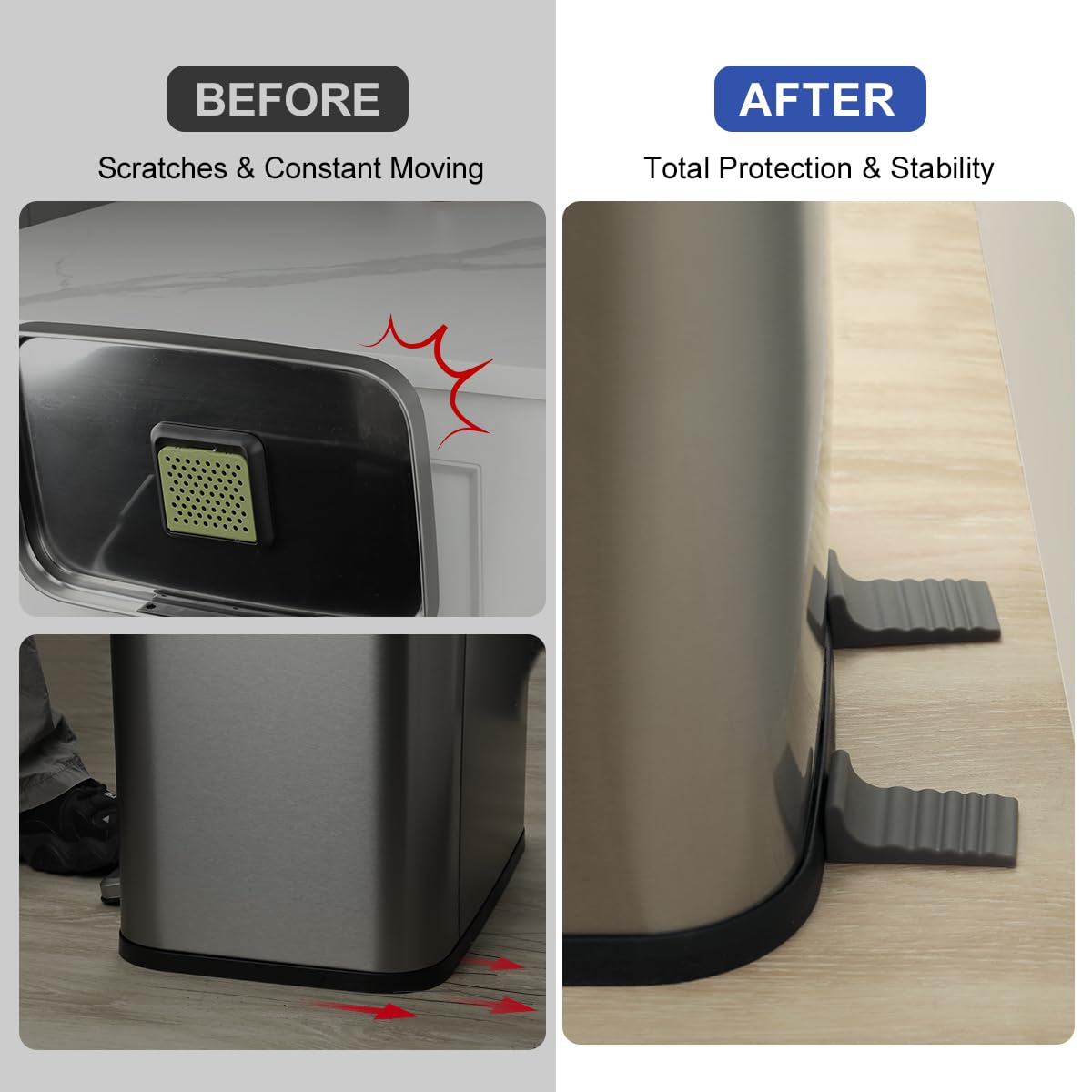 LANMU Trash Can Wall Protector and Stop Moving Backward, 4 Pcs Silicon Trash Can Bumper, Wall Spacer Garbage Bin for Round & Square Waste Baskets, No Drill Kitchen & Office Floor and Wall Guard