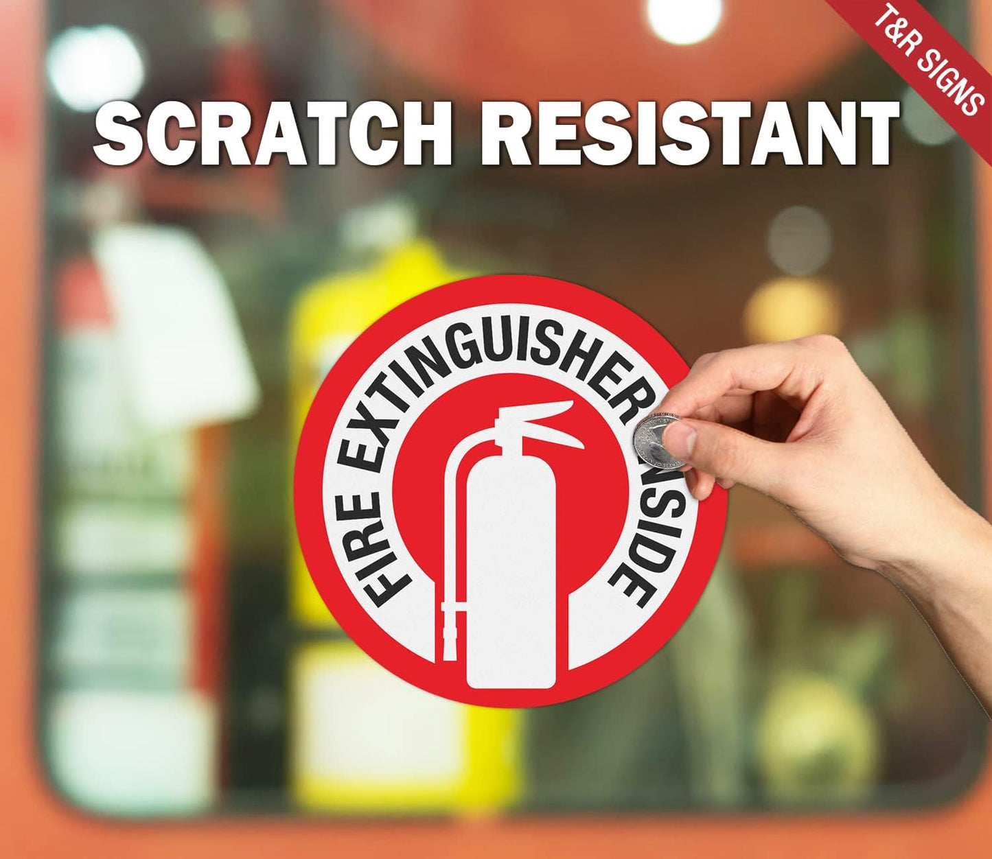 T&R Fire Extinguisher Inside Sign Stickers - 10 Pack - 3" x 3" Self-Adhesive Vinyl Reflective, UV resistant, Waterproof, Fade and Scratch Resistant, Suitable for Vehicles Indoor and Outdoor (RED circle)
