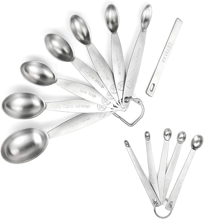 18/8 Stainless Steel Measuring Spoons Set - 13 Piece, Includes 7 Oval, 1 Leveler and 5 Mini Spoons, Fits Spice Jar