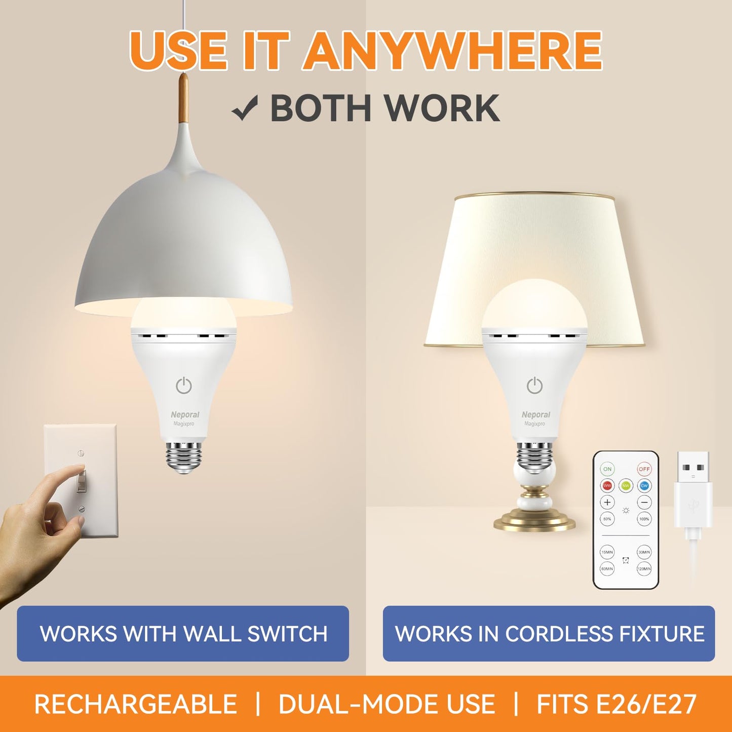 Neporal MagixPro Remote Rechargeable LED Light Bulbs, Dimmable, 1800mAh, USB & Socket Charging, 3000-6000K, 2 Pack, Model