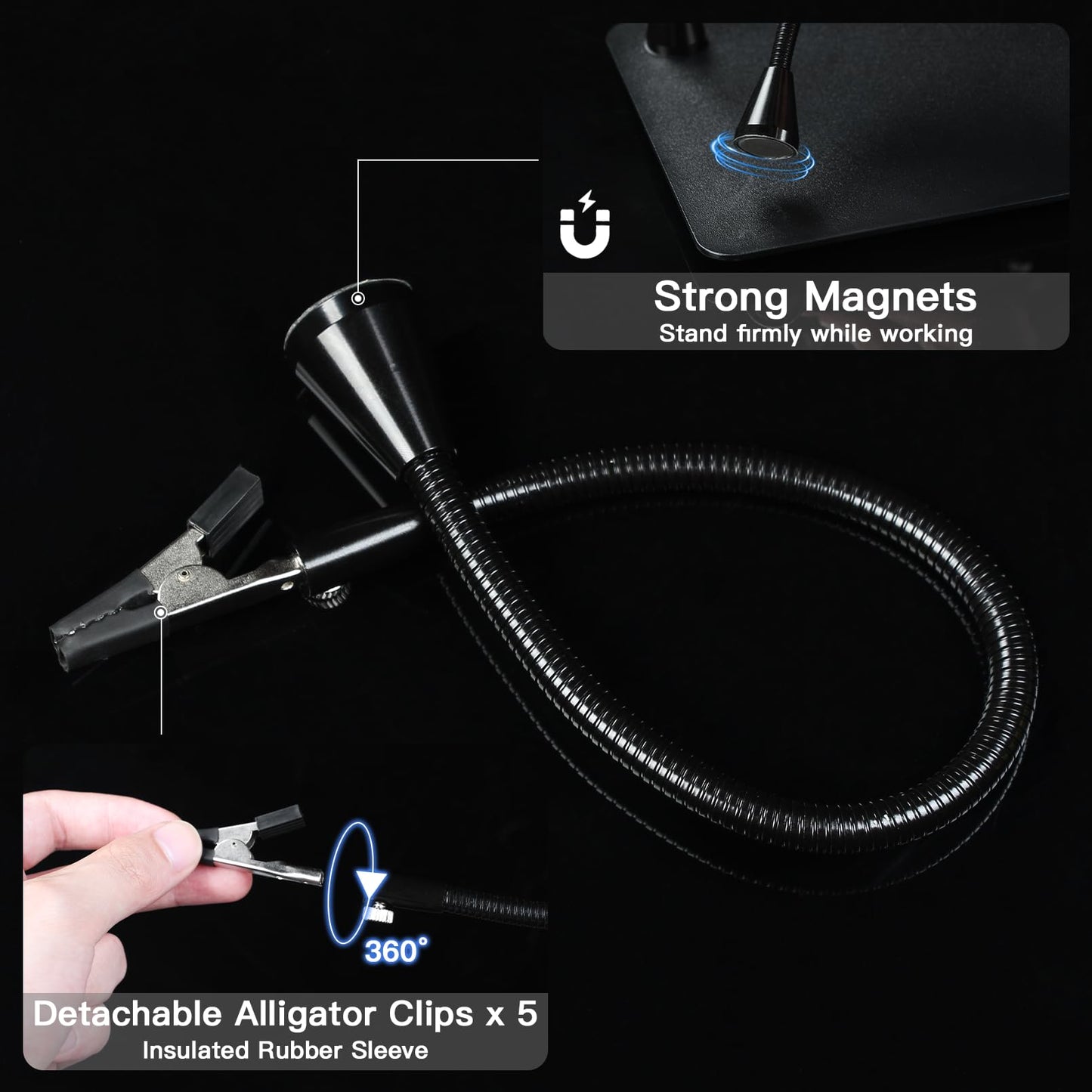 CHICLEW Helping Hands Soldering Station with Magnetic Arms, 10X Magnifying Glass, LED Light, Model JM-225-S, Black