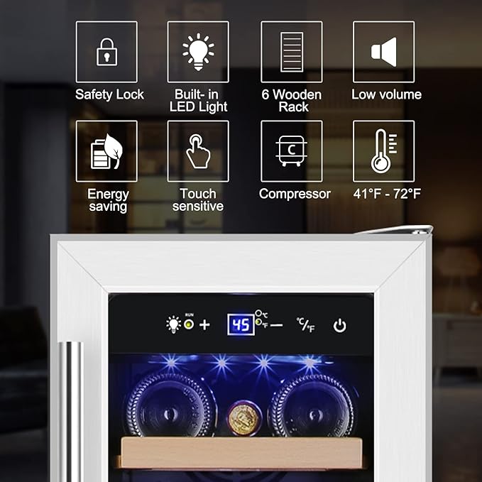 Tylza 12" Wine Cooler Refrigerator, 18 Bottles Wine Fridge Built-in or Freestanding with Stainless Steel & Double-Layer Tempered Glass Door, Compressor Fast Cooling, Low Noise and No Fog, Mini Fridge