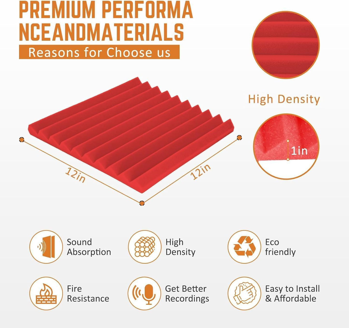 Acoustic Foam Panels 24 Pack 1 x 12x 12 Inches Soundproof Wall Panels Acoustic Foam Sound Panels Noise Reducing Soundproofing Dampening Red Acoustic Panels Fire Resistant