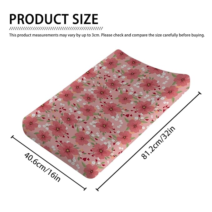 Love Blooms Baby Changing Pad Covers for Boy Girl 32''x16'' Red Heart Blossoms Fitted Diaper Change Table Sheets Spring Floral Flowers Soft Breathable Nursery Baby Changing Table Mats