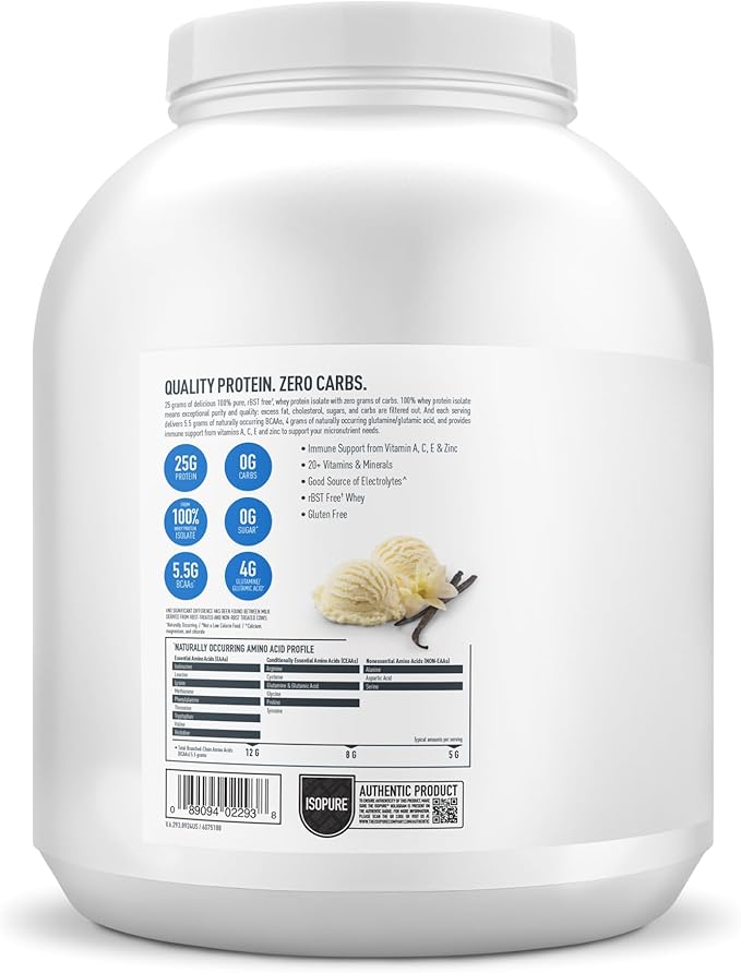 Isopure Zero Carb 100% Pure Whey Isolate Protein Powder, Lactose Free, Gluten Free, With Vitamins, Creamy Vanilla, 25g Protein Per Serving, 4.5 Lbs, 66 Servings (Packaging May Vary)