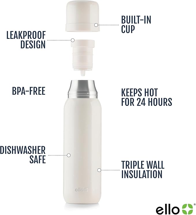 Ello Therma 32oz Insulated Stainless Steel Thermos for Hot & Cold Beverages with Leak Proof Lid & Built-in Cup, Triple Wall Insulation, Hot 24 Hrs, Perfect for Coffee,Tea, Dishwasher Safe, Cream