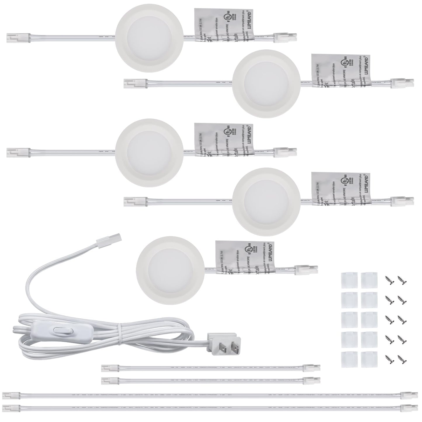Lumiland Wired Led Puck Lights (2.7Wx5) Plug-In Lighting Natural White (4000K)  Led Cabinet Light For Kitchen Can Be Surface Mount Or Recess Mount  White